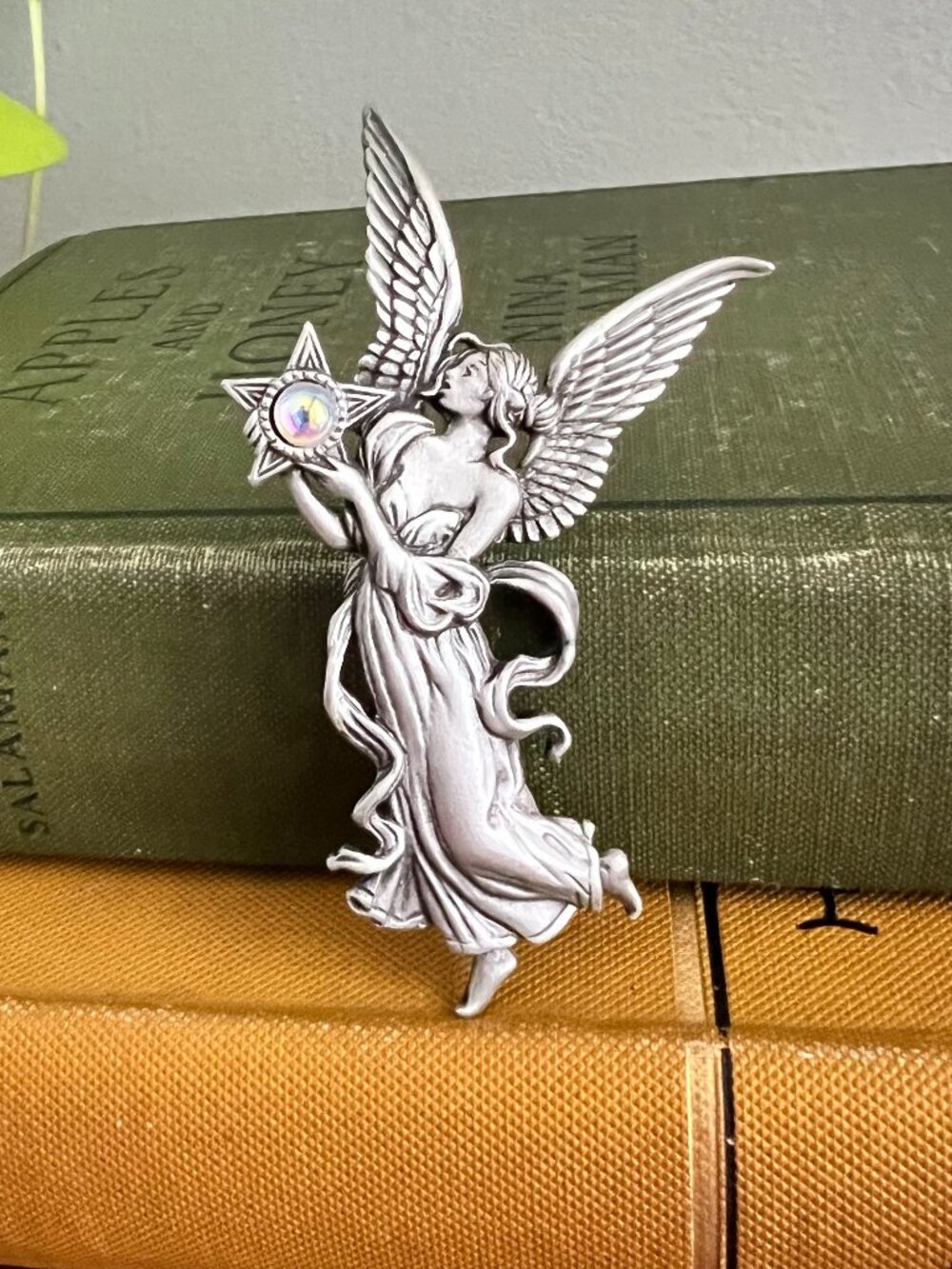 Vintage JJ Pewter Angel Brooch | Celestial Fantasy Art Nouveau Style Pin